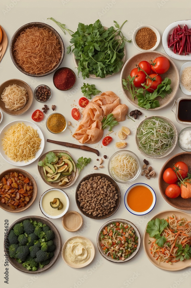 Selection of healthy food on the table, top down view Selection of healthy food on the table, top down view