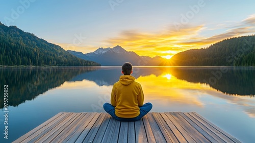 Man Meditating on Wooden Dock at Sunrise with Mountain Reflections in Lake