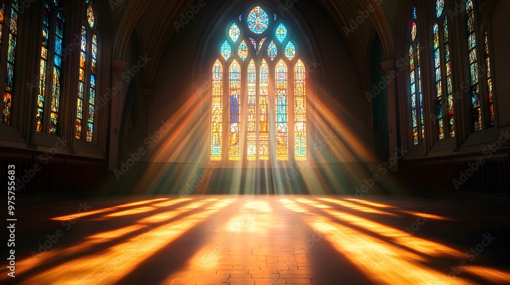 A beautiful stained-glass window in the middle of an empty church, with rays of light streaming through it A beautiful stained-glass window in the middle of an empty church, with rays of light streaming through it