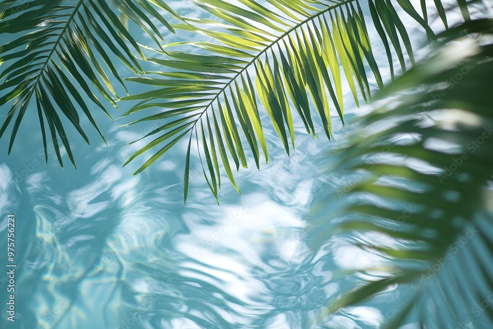 Fototapeta premium Serene palm leaves over tranquil turquoise water in a sunlit tropical paradise during midday