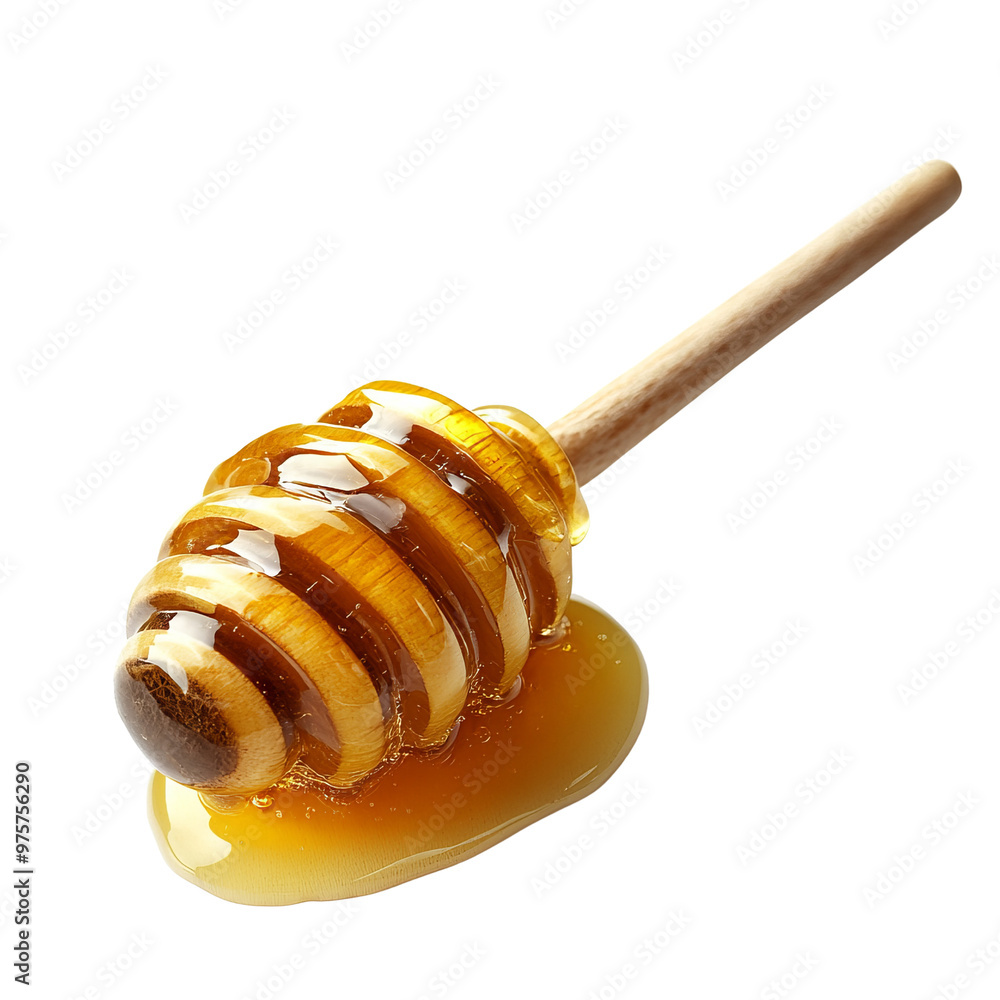 A close-up image of a honey dipper dripping golden honey isolated white background A close-up image of a honey dipper dripping golden honey isolated white background