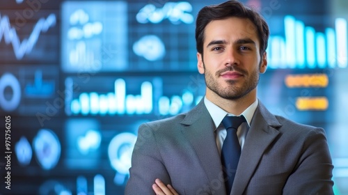 Confident Businessman In Suit Looking At Camera With Charts In Background