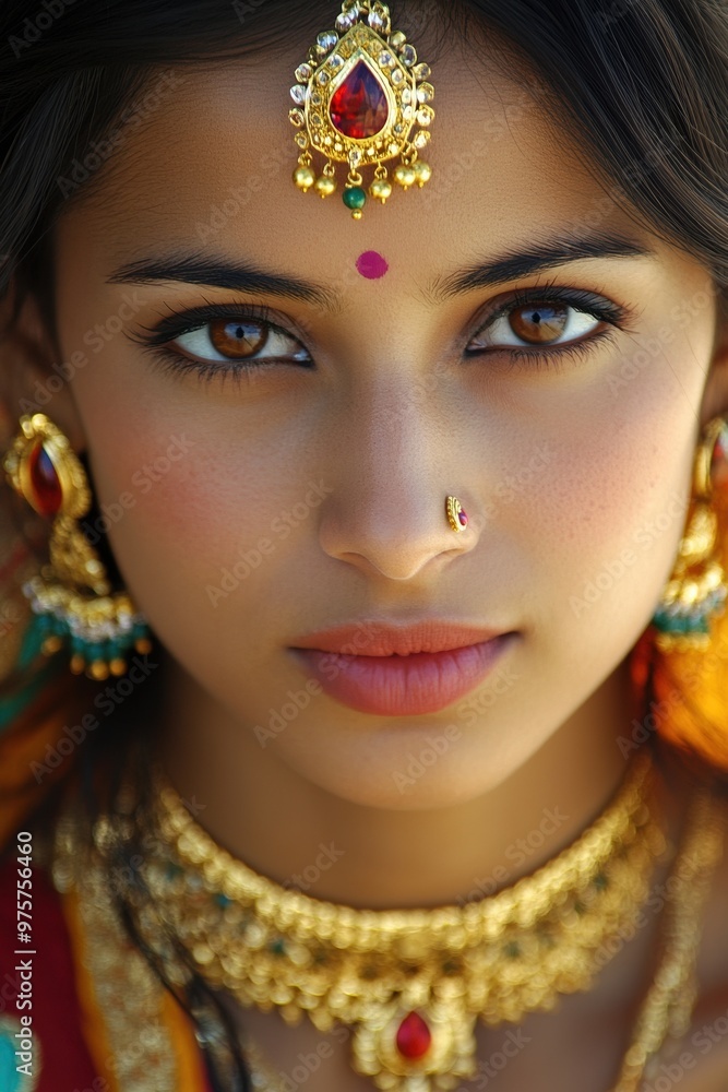 Close-up of a young woman with captivating eyes, wearing traditional jewelry including a maang tikka and nose stud, exuding cultural beauty and elegance Close-up of a young woman with captivating eyes, wearing traditional jewelry including a maang tikka and nose stud, exuding cultural beauty and elegance