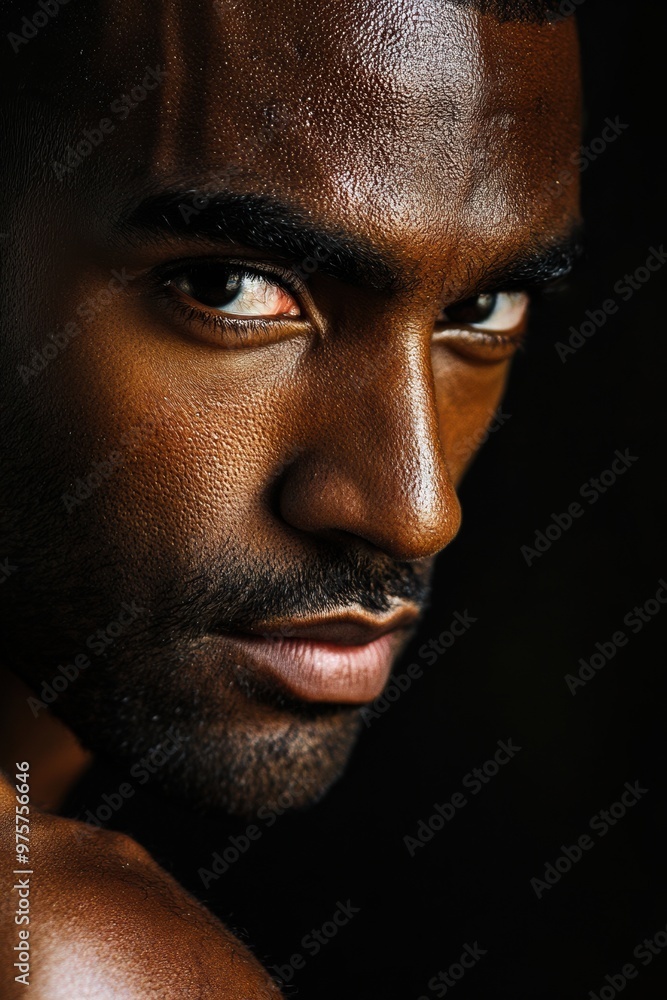 Close-up of a man's intense gaze, showcasing detailed skin texture and a focused, strong expression, emphasizing masculinity and depth against a dark background Close-up of a man's intense gaze, showcasing detailed skin texture and a focused, strong expression, emphasizing masculinity and depth against a dark background