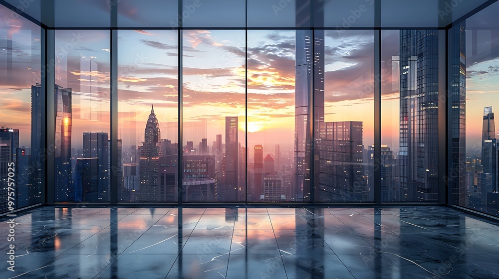 Fototapeta premium A large room with a view of a city skyline with building at sunset