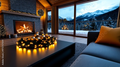 Cozy Christmas Cabin Interior with Fireplace and Mountain View photo