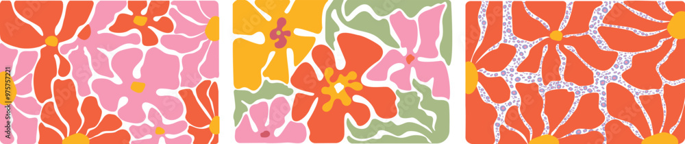 Groovy abstract flower art set. Organic doodle shapes in trendy naive retro hippie 60s 70s style. Contemporary poster and background. Floral botanic vector illustration in pink, yellow, green, colors. Groovy abstract flower art set. Organic doodle shapes in trendy naive retro hippie 60s 70s style. Contemporary poster and background. Floral botanic vector illustration in pink, yellow, green, colors.