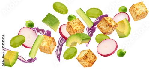 Vegetarian salad with Edamame beans and tofu cubes isolated on white background