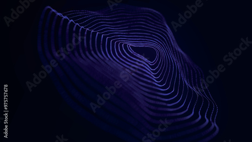 Abstract background with dynamic wave. Circular wave of dots. Musical sound wave. Dark background. Big data visualization. Plexus. Vector illustration.