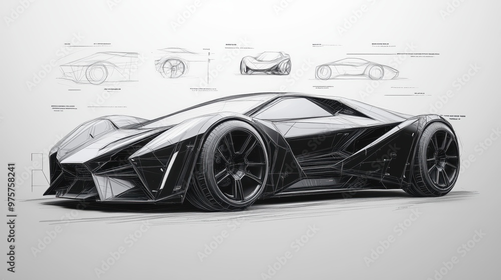 Futuristic Concept Car Design Sketch with Technical Drawings and Annotations on White Background Futuristic Concept Car Design Sketch with Technical Drawings and Annotations on White Background