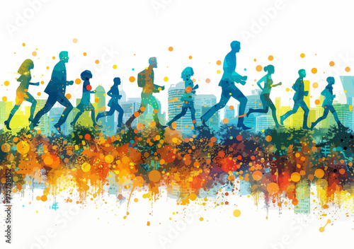 Team Running Up Through Business Icons Representing Career Growth, Vector Illustration of Business Success, Minimalistic Abstract Art