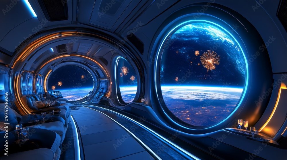 Fototapeta premium Futuristic Spaceship Interior with Earth View and Fireworks