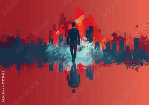 Business Leader Walking Against Trends in Vibrant Abstract Cityscape Illustration, Economy and Investment Concept, Creative Minimalist Vector Art