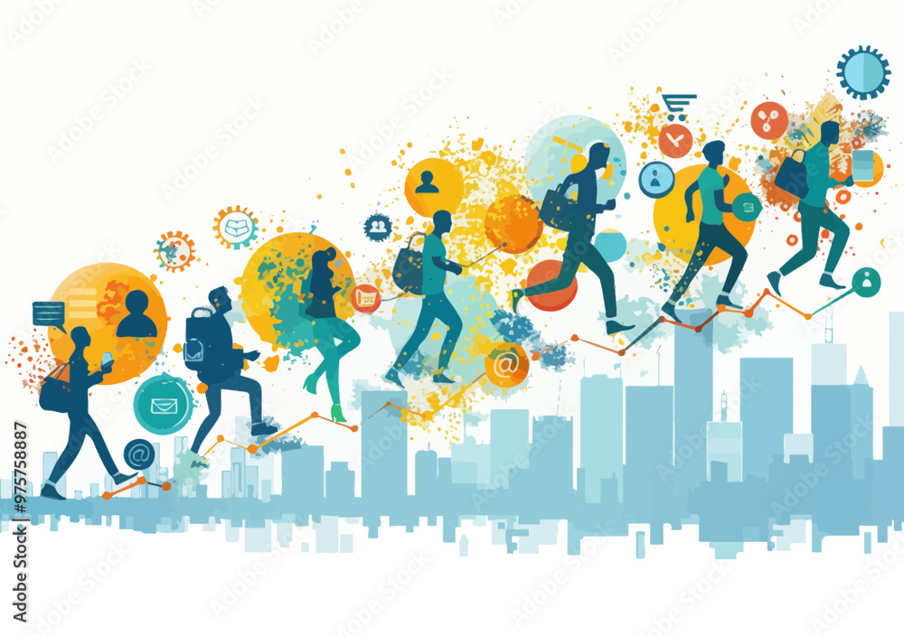 Team Collaboration and Career Growth Concept with Business Icons and Skyline, Minimalistic Vector Illustration Team Collaboration and Career Growth Concept with Business Icons and Skyline, Minimalistic Vector Illustration