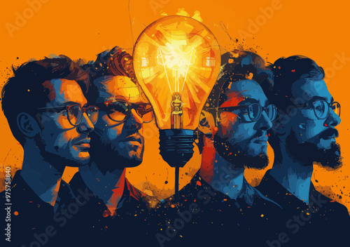 Creative Business Team Brainstorming Idea Concept, Diverse Professionals Cooperating for Innovation, Minimalistic Vector Illustration, Teamwork and Collaboration, Vibrant and Modern Design