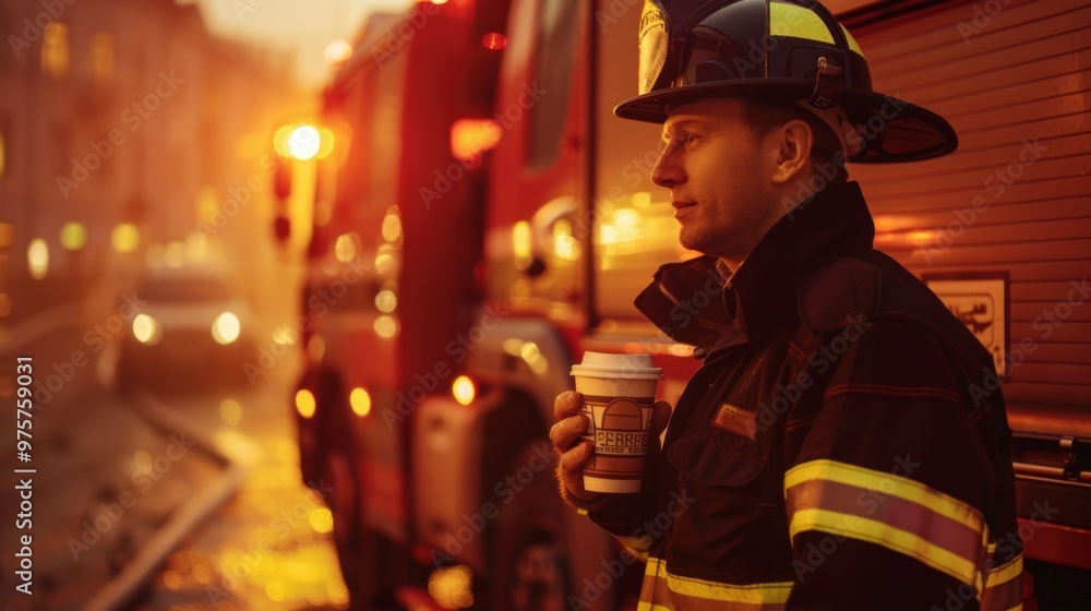 Firefighter taking a break with coffee during sunset in the city Firefighter taking a break with coffee during sunset in the city