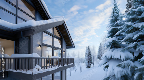 Wallpaper Mural Winter chalet surrounded by fresh snow, cozy interior lighting visible through the windows, wooden balcony overlooking snow-covered trees, and soft twilight sky Torontodigital.ca
