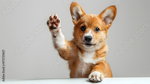 A small brown and white dog is waving its paw at the camera 