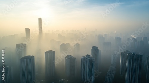 Aerial view of a bustling city skyline with tall buildings shrouded in smog and fine dust, illustrating urban pollution and its health impacts.