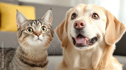 A cat and dog sitting next to each other on a couch, AI