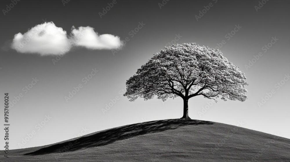 Fototapeta premium Black and White Landscape with Tree on Hill