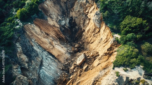 Aerial view of a landslide, with loose rocks and earth cascading down a steep cliffside.