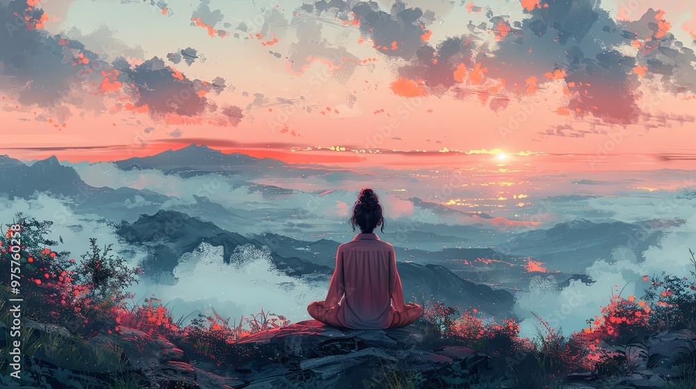 color block pastel illustration of woman from the back sitting in mindful meditating in nature mountain clouds sky peace/clarity/mental wellbeing/balance digital painting hand drawn look color block pastel illustration of woman from the back sitting in mindful meditating in nature mountain clouds sky peace/clarity/mental wellbeing/balance digital painting hand drawn look