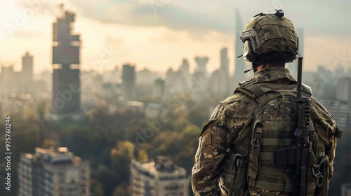 A soldier in a camouflage uniform stands on a rooftop overlooking a city