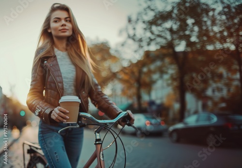 Young woman enjoys coffee while biking on an autumn afternoon