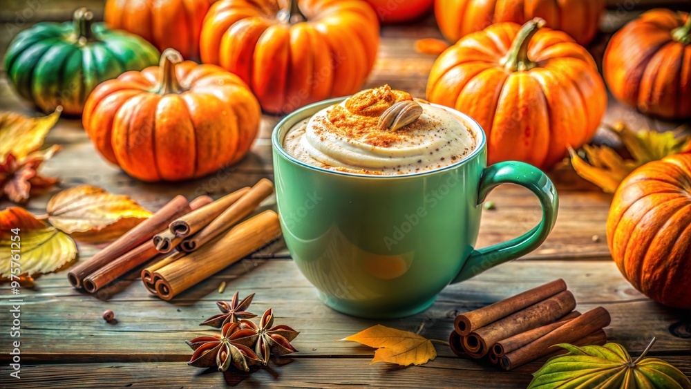 A cup of coffee in a cozy mood on the table amongst the pumpkins against a warm autumn backdrop A cup of coffee in a cozy mood on the table amongst the pumpkins against a warm autumn backdrop