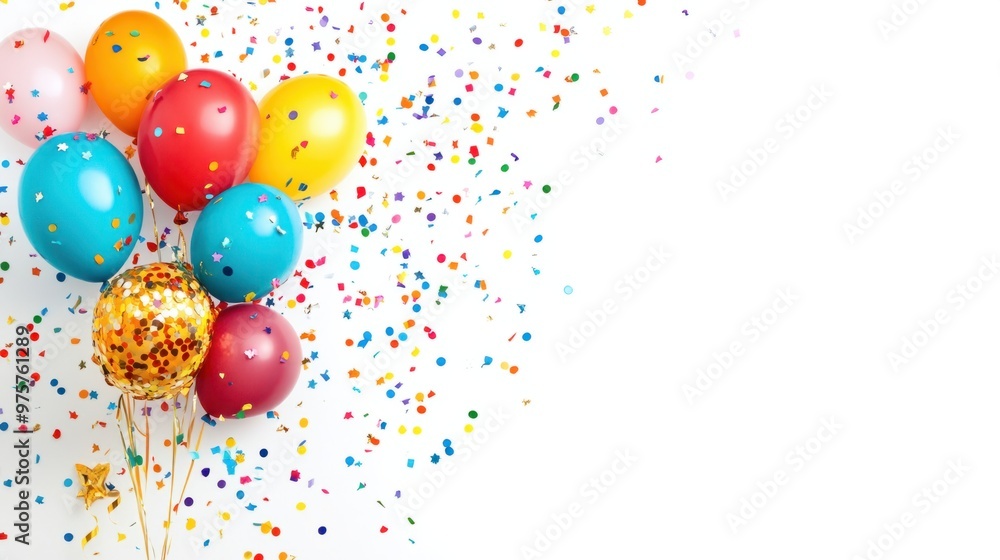Fototapeta premium A birthday gift voucher with a festive design featuring balloons and confetti, isolated on a white background