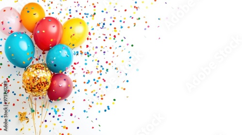 A birthday gift voucher with a festive design featuring balloons and confetti, isolated on a white background