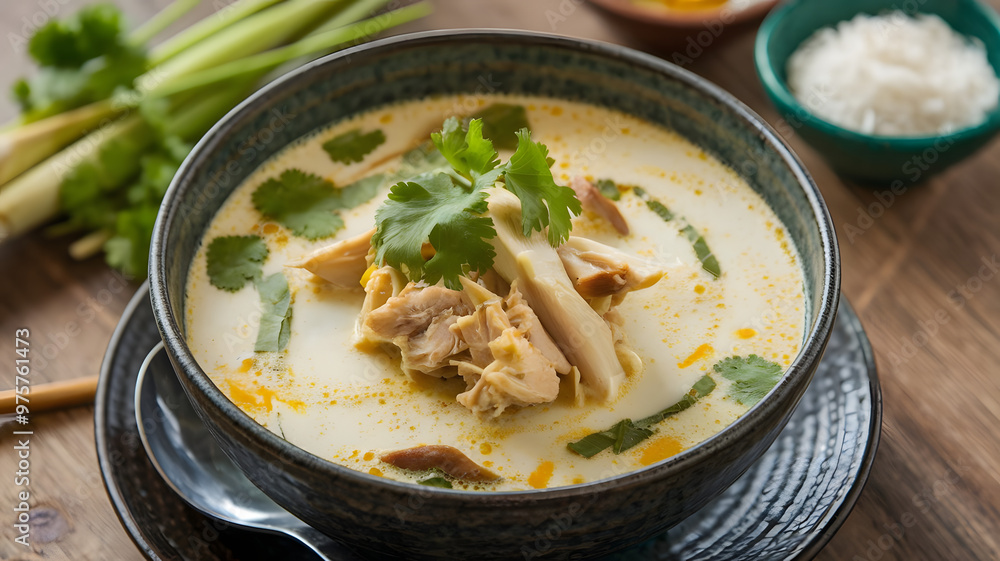 A serving of Thai coconut soup with chicken, mushrooms, and lemongrass, topped with cilantro and served in a deep bowl. A serving of Thai coconut soup with chicken, mushrooms, and lemongrass, topped with cilantro and served in a deep bowl.