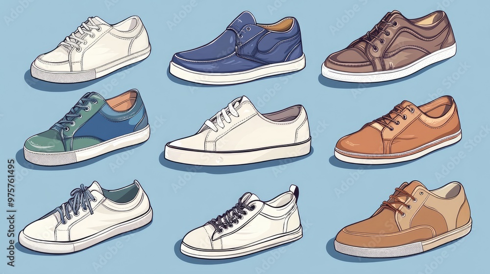 Nine different styles of men's casual shoes on a blue background. Nine different styles of men's casual shoes on a blue background.