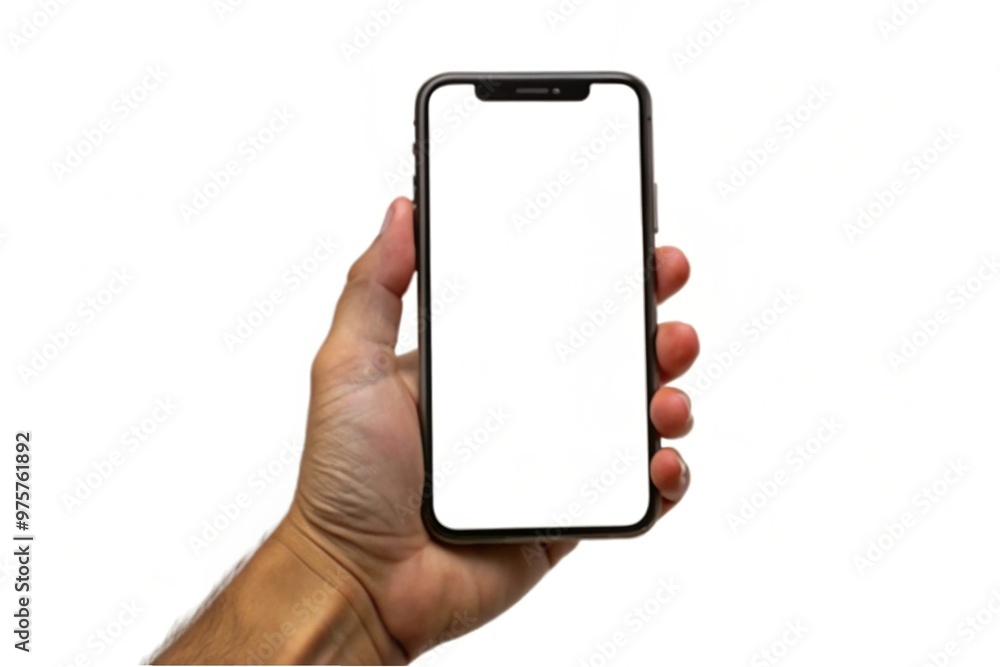 A hand gripping a smartphone with a blank screen, showcasing the device's sleek design and empty display A hand gripping a smartphone with a blank screen, showcasing the device's sleek design and empty display