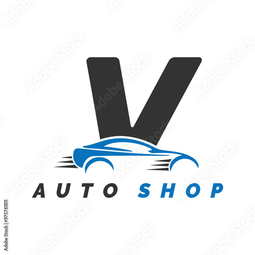 letter V logo auto mechanic with car style. Alphabet V automotive car design icon