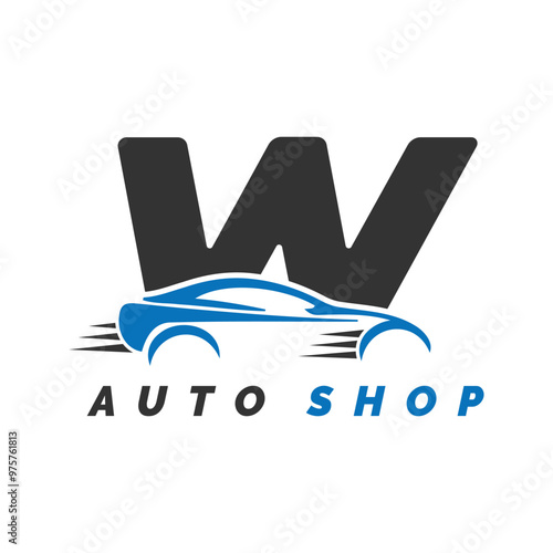 letter W logo auto mechanic with car style. Alphabet W automotive car design icon