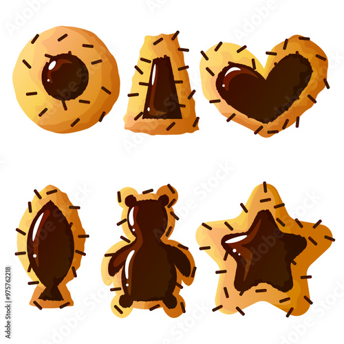 a set of delicious cookies with chocolate filling and chocolate sprinkles of different shapes