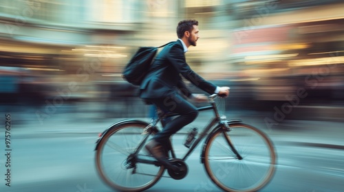 Man in a suit cycling quickly through a bustling city street