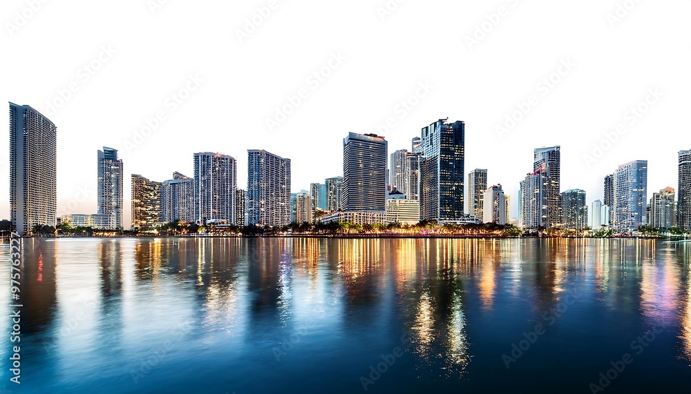 Fototapeta premium Skylines with Illuminated Buildings Reflecting in the Water, Set Against a White Background
