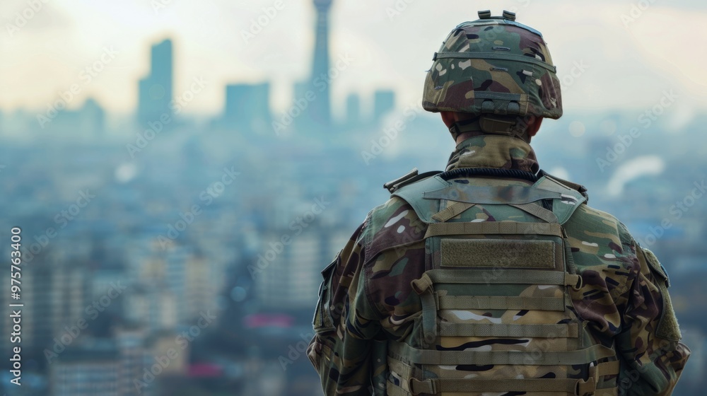 A soldier in a camouflage uniform stands on a hill overlooking a city A soldier in a camouflage uniform stands on a hill overlooking a city