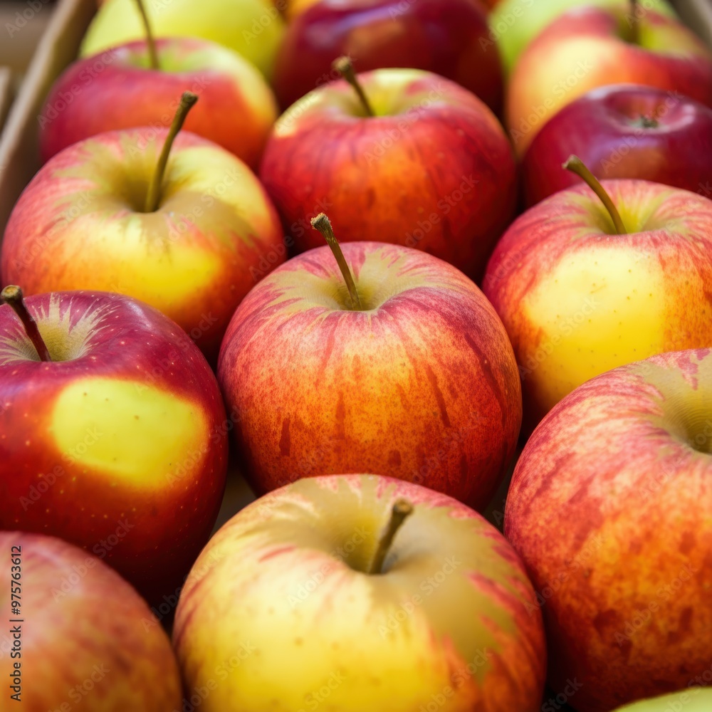 A vibrant collection of fresh apples in shades of red, yellow and green, with a mix of solid and striped patterns on their skins, arranged in rows, with the apples appearing plump and appealing, shot A vibrant collection of fresh apples in shades of red, yellow and green, with a mix of solid and striped patterns on their skins, arranged in rows, with the apples appearing plump and appealing, shot
