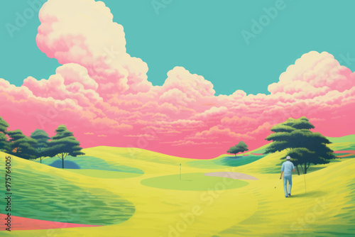 Vibrant surreal golf course landscape