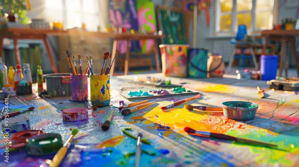 A messy art studio with a variety of paint and brushes scattered on the floor A messy art studio with a variety of paint and brushes scattered on the floor