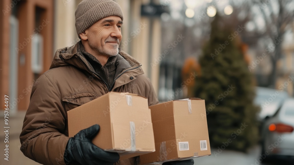 Delivery man carrying packages on a chilly afternoon in the city Delivery man carrying packages on a chilly afternoon in the city