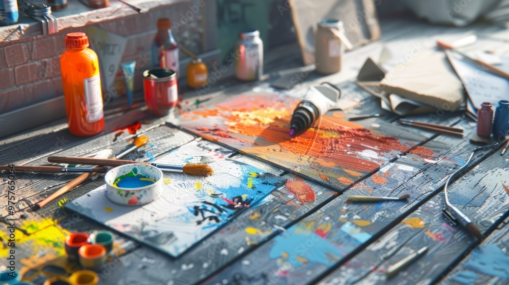 A messy art studio with a variety of paints and brushes A messy art studio with a variety of paints and brushes