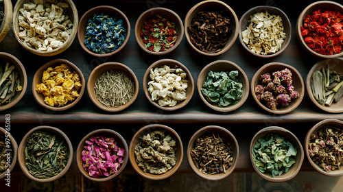 traditional Chinese medicinal herbs, including dried flowers and roots, spread out in small bowls