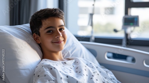 Southern European Teenage Boy in Hospital Bed, Recovery and Wellness, Smiling Patient in Medical Care Setting photo