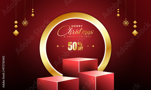 Elegant red and gold Christmas sale banner with 50% off offer. Features festive hanging ornaments, a modern podium display, and a 'Merry Christmas and  New Year' greeting in stylish gold font.