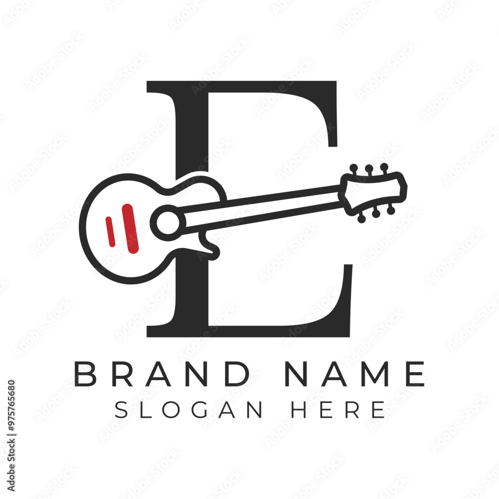 Initial Letter E Guitar icon with Line Art Style for Chord. Alphabet E with Musical instrument logo design Initial Letter E Guitar icon with Line Art Style for Chord. Alphabet E with Musical instrument logo design